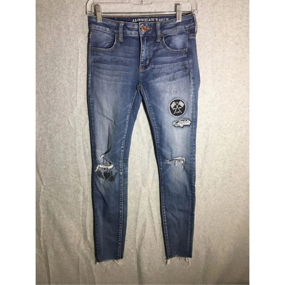Womens American Eagle Jeans Jeggings Trendy Designs Punk Goth Y2K patches - Picture 1 of 6